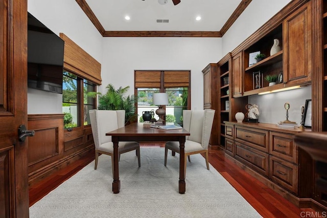 8183 Doug Hill, San Diego, CA 92127 - dining room with crown molding, wood finished floors, a desk, a ceiling fan, and recessed lighting