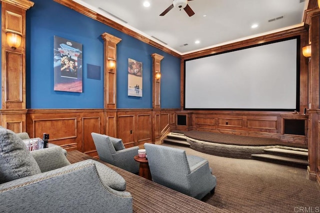 8183 Doug Hill, San Diego, CA 92127 - carpeted cinema room with crown molding, a ceiling fan, a decorative wall, recessed lighting, and wainscoting