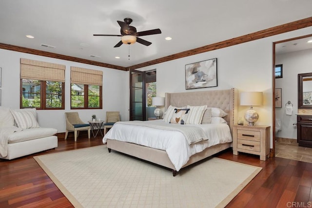8183 Doug Hill, San Diego, CA 92127 - bedroom featuring dark wood-type flooring, recessed lighting, ornamental molding, ensuite bathroom, and a ceiling fan