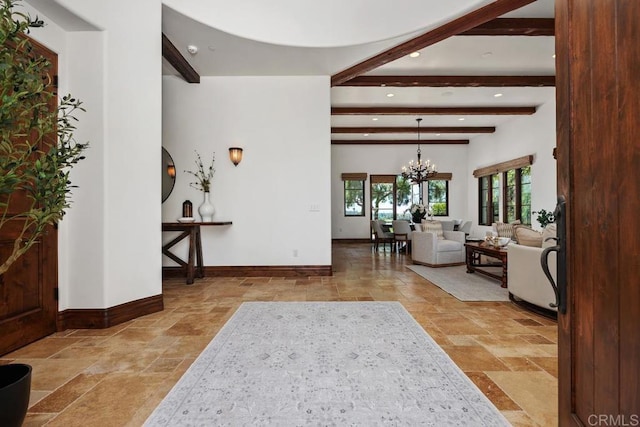 8183 Doug Hill, San Diego, CA 92127 - foyer entrance featuring beam ceiling, stone tile floors, recessed lighting, and a chandelier