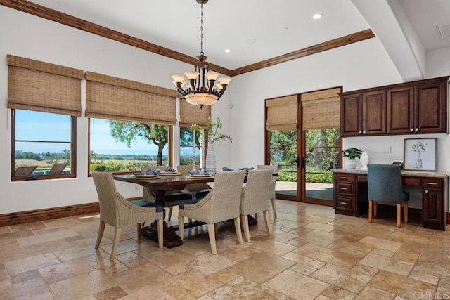 8183 Doug Hill, San Diego, CA 92127 - dining area with stone tile floors, built in study area, a chandelier, crown molding, and recessed lighting