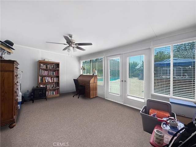 19891 Athenon Ave, Perris, CA 92570 - office featuring ceiling fan, carpet, plenty of natural light, and ornamental molding
