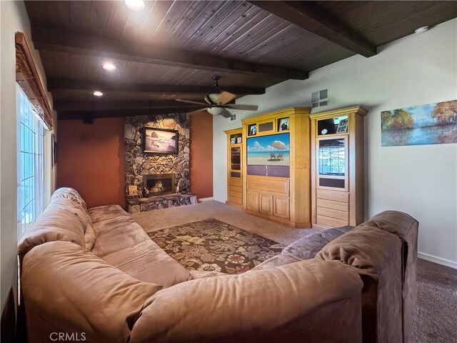 19891 Athenon Ave, Perris, CA 92570 - living area featuring ceiling fan, carpet, recessed lighting, a fireplace, and a wood ceiling with exposed beams