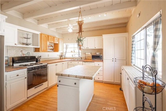 5772 Arrowhead Lake Rd, Hesperia, CA 92345 - kitchen with white appliances, open shelves, light wood finished floors, decorative backsplash, and a wood ceiling with exposed beams