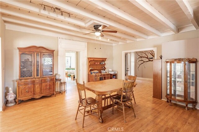 5772 Arrowhead Lake Rd, Hesperia, CA 92345 - dining room with light wood-style flooring, ceiling fan, and a wood ceiling with exposed beams