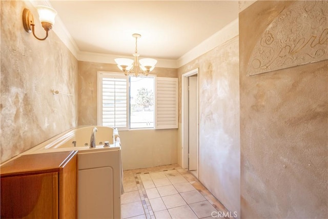 5772 Arrowhead Lake Rd, Hesperia, CA 92345 - full bathroom with a chandelier, a whirlpool tub, tile patterned floors, and ornamental molding