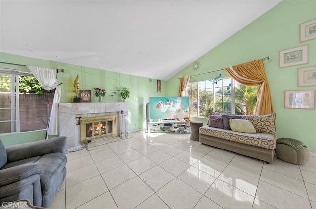 1740 Rada Rd, Hacienda Heights, CA 91745 - tiled living area featuring a fireplace and high vaulted ceiling