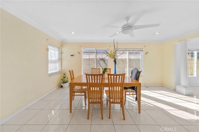 1740 Rada Rd, Hacienda Heights, CA 91745 - dining area featuring crown molding, light tile patterned floors, a ceiling fan, and recessed lighting