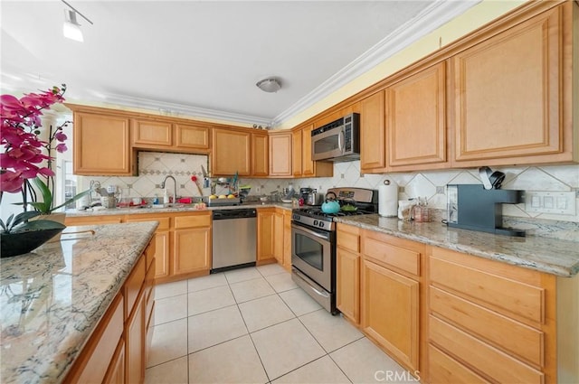 1740 Rada Rd, Hacienda Heights, CA 91745 - kitchen featuring stainless steel appliances, light tile patterned floors, decorative backsplash, light stone countertops, and ornamental molding