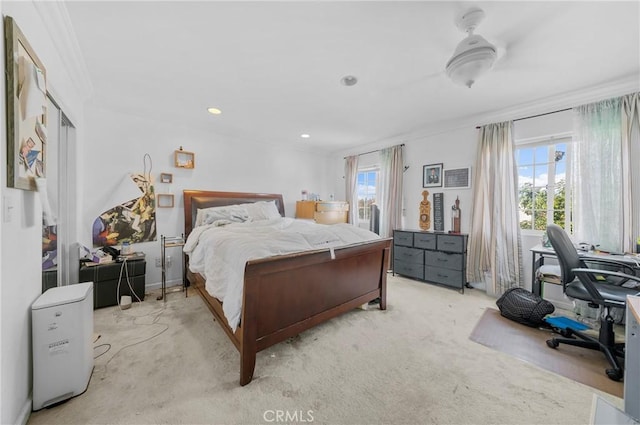 1740 Rada Rd, Hacienda Heights, CA 91745 - bedroom featuring an office area, light carpet, crown molding, and recessed lighting