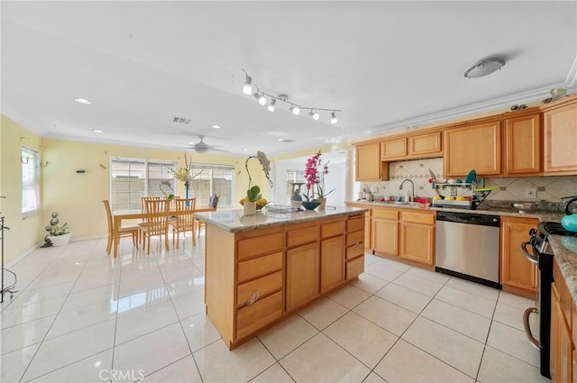 1740 Rada Rd, Hacienda Heights, CA 91745 - kitchen with appliances with stainless steel finishes, ornamental molding, light tile patterned flooring, decorative backsplash, and recessed lighting