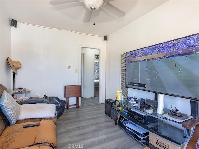 13114 S Main St, Los Angeles, CA 90061 - living room featuring ceiling fan and wood finished floors