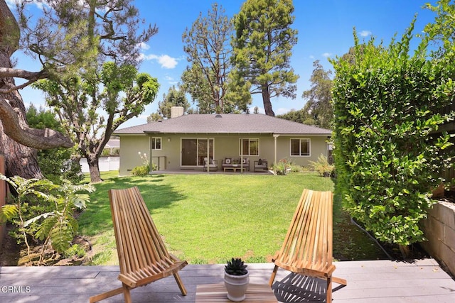 4520 Lone Pine Ln, La Canada Flintridge, CA 91011 - rear view of property featuring stucco siding, a chimney, a patio, and a deck