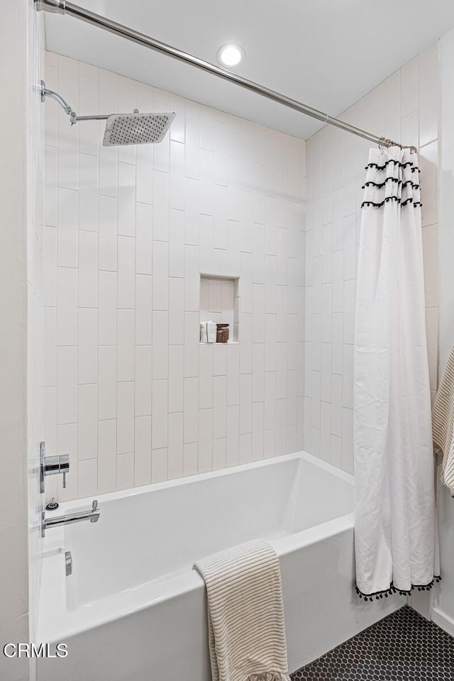 4520 Lone Pine Ln, La Canada Flintridge, CA 91011 - bathroom featuring shower / bath combination with curtain, recessed lighting, and tile patterned flooring
