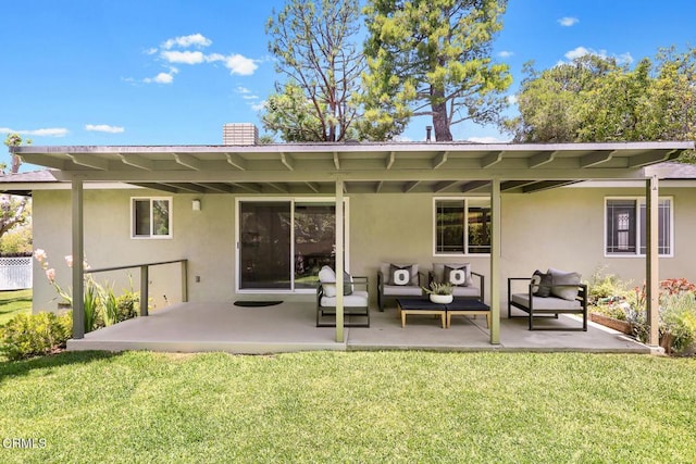 4520 Lone Pine Ln, La Canada Flintridge, CA 91011 - rear view of property with stucco siding, a patio, an outdoor hangout area, and a lawn