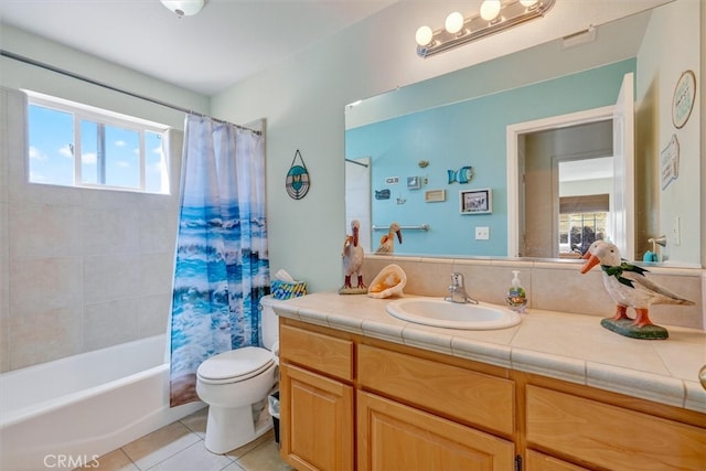45337 Valley Oak Dr, Ahwahnee, CA 93601 - bathroom with vanity, tile patterned floors, and shower / bathtub combination with curtain