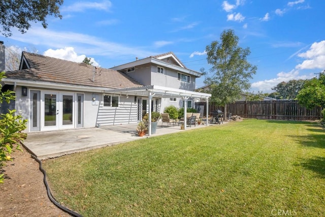 3314 Benton Ave, La Verne, CA 91750 - rear view of house with a pergola, a fenced backyard, a patio area, french doors, and stucco siding