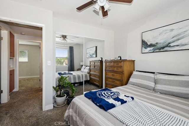 3314 Benton Ave, La Verne, CA 91750 - bedroom with dark carpet, a ceiling fan, and a closet