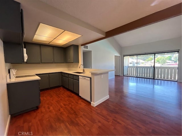 22 Country Mile Rd, Pomona, CA 91766 - kitchen featuring white appliances, open floor plan, a peninsula, dark wood-type flooring, and light countertops