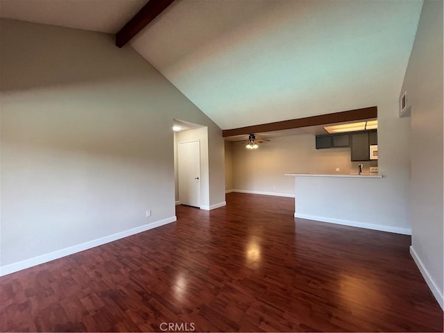 22 Country Mile Rd, Pomona, CA 91766 - unfurnished living room featuring beamed ceiling, dark wood-style flooring, high vaulted ceiling, and a ceiling fan