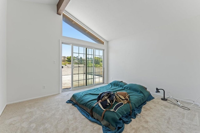 6174 Syracuse Way, San Diego, CA 92122 - unfurnished bedroom with carpet floors, beam ceiling, access to exterior, and high vaulted ceiling