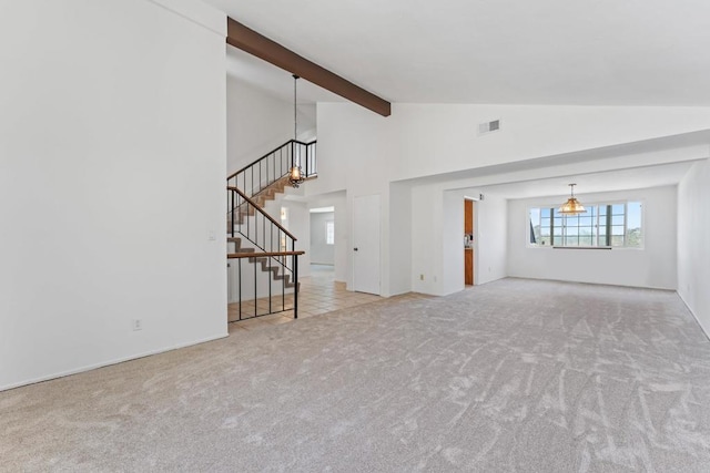 6174 Syracuse Way, San Diego, CA 92122 - unfurnished living room featuring carpet flooring, beam ceiling, stairs, a chandelier, and high vaulted ceiling