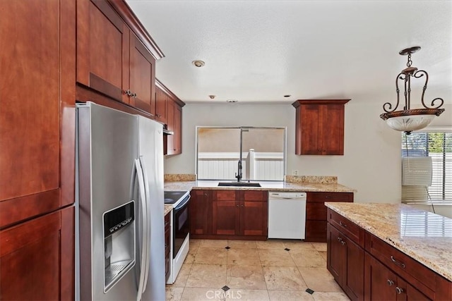 1897 Taylor Ave, Corona, CA 92882 - kitchen featuring dishwasher, stainless steel fridge with ice dispenser, range with electric cooktop, light stone countertops, and decorative light fixtures