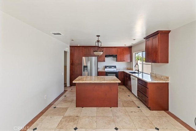 1897 Taylor Ave, Corona, CA 92882 - kitchen with stainless steel fridge with ice dispenser, electric range, a kitchen island, under cabinet range hood, and pendant lighting