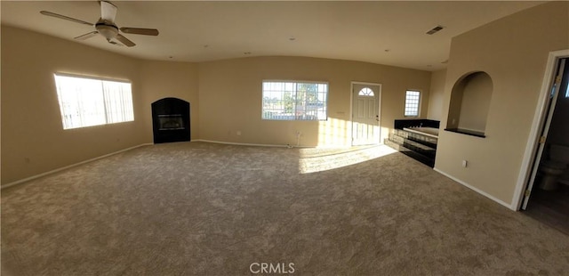 10840 New Salem Pt, San Diego, CA 92126 - unfurnished living room with a fireplace, ceiling fan, carpet flooring, and vaulted ceiling