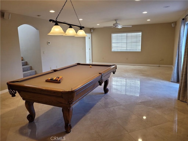 10840 New Salem Pt, San Diego, CA 92126 - playroom featuring arched walkways, recessed lighting, billiards table, and a ceiling fan