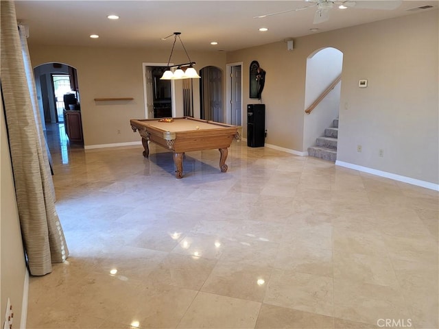 10840 New Salem Pt, San Diego, CA 92126 - playroom featuring arched walkways, recessed lighting, billiards, and ceiling fan