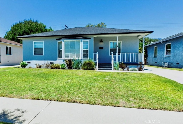 5855 Daneland St, Lakewood, CA 90713 - view of front of house with a porch, stucco siding, a front lawn, and crawl space