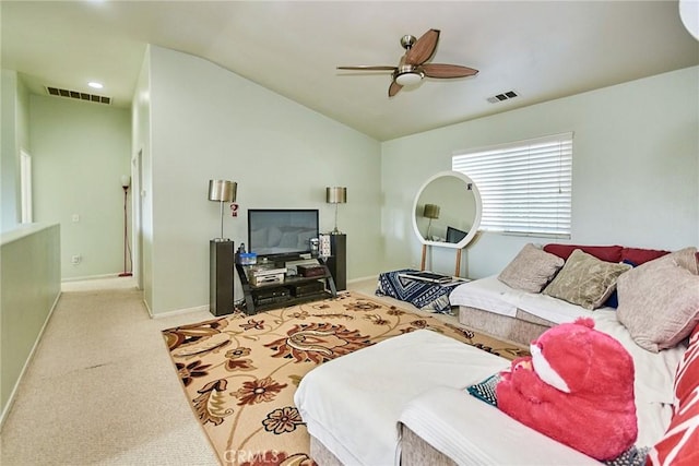 12672 Bellflower Ln, Moreno Valley, CA 92555 - living room featuring ceiling fan, carpet flooring, and vaulted ceiling