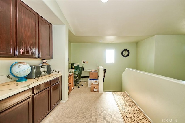 12672 Bellflower Ln, Moreno Valley, CA 92555 - kitchen featuring light countertops, light carpet, recessed lighting, and a desk