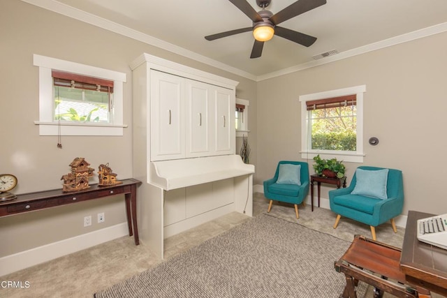 5512 Ranchito Ave, Sherman Oaks, CA 91401 - sitting room with a ceiling fan, crown molding, and carpet