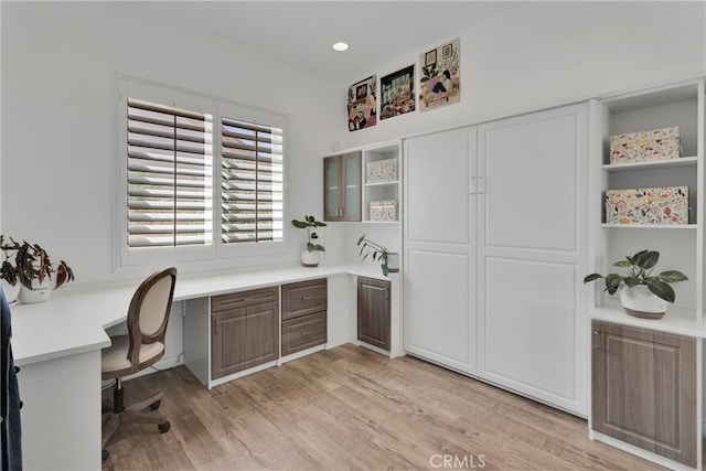 10844 Aster Ln, Apple Valley, CA 92308 - office area featuring built in study area, light wood-style flooring, and recessed lighting