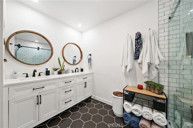 1828 Wintergreen, Escondido, CA 92026 - bathroom featuring double vanity, tiled shower, tile patterned flooring, and recessed lighting