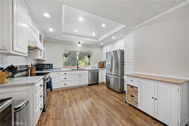 1828 Wintergreen, Escondido, CA 92026 - kitchen featuring appliances with stainless steel finishes, a raised ceiling, crown molding, light countertops, and light wood-type flooring