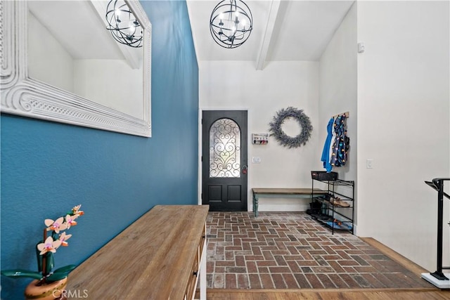 1828 Wintergreen, Escondido, CA 92026 - foyer entrance with brick flooring, beam ceiling, and a chandelier