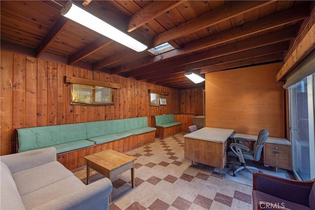 2900 Manhattan Ave, La Crescenta, CA 91214 - office featuring light flooring, wood walls, and a wood ceiling with exposed beams