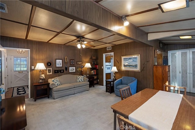 2900 Manhattan Ave, La Crescenta, CA 91214 - carpeted living area with a ceiling fan, wooden walls, and beamed ceiling