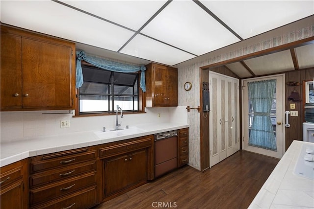 2900 Manhattan Ave, La Crescenta, CA 91214 - kitchen with dishwasher, dark wood-type flooring, and tile countertops