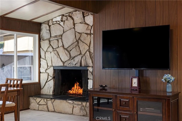 2900 Manhattan Ave, La Crescenta, CA 91214 - living room featuring wooden walls and a stone fireplace
