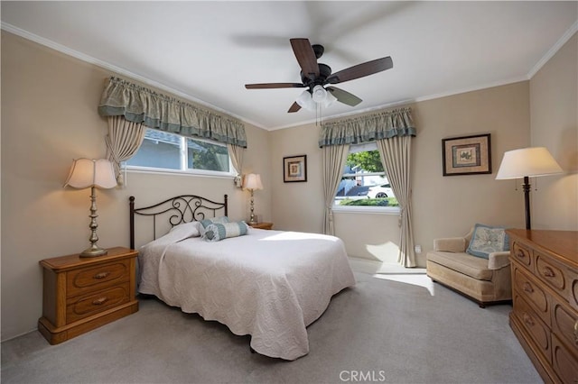 2900 Manhattan Ave, La Crescenta, CA 91214 - bedroom featuring light colored carpet, multiple windows, ornamental molding, and ceiling fan
