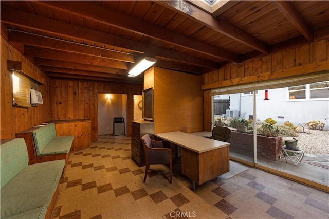 2900 Manhattan Ave, La Crescenta, CA 91214 - home office with light flooring, wooden walls, a wooden ceiling with exposed beams, and a wall mounted AC