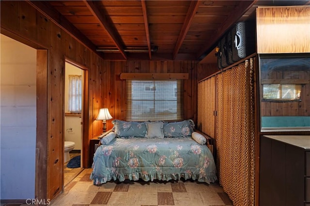 2900 Manhattan Ave, La Crescenta, CA 91214 - bedroom with wood walls, tile patterned floors, and a wooden ceiling with exposed beams