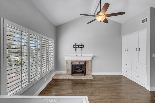 3652 San Joaquin Ave, Los Alamitos, CA 90720 - unfurnished living room with a ceiling fan, high vaulted ceiling, wood finished floors, and a fireplace
