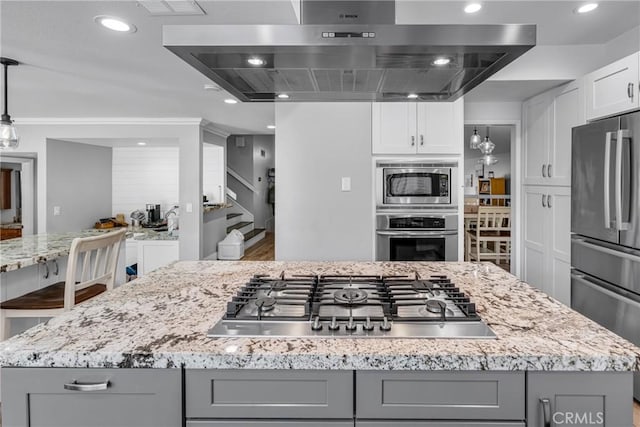 3652 San Joaquin Ave, Los Alamitos, CA 90720 - kitchen featuring gray cabinetry, ventilation hood, stainless steel appliances, and recessed lighting