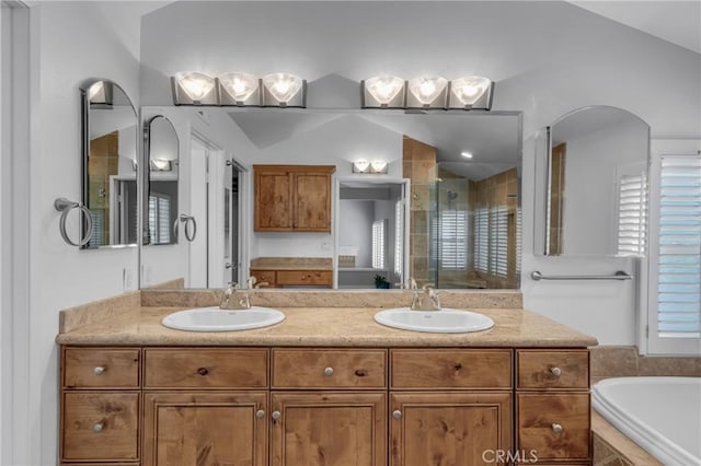 3652 San Joaquin Ave, Los Alamitos, CA 90720 - bathroom with a stall shower, double vanity, a bath, and lofted ceiling