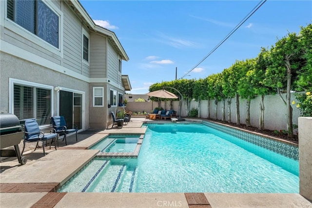 3652 San Joaquin Ave, Los Alamitos, CA 90720 - view of pool featuring a pool with connected hot tub, a fenced backyard, a patio area, and grilling area